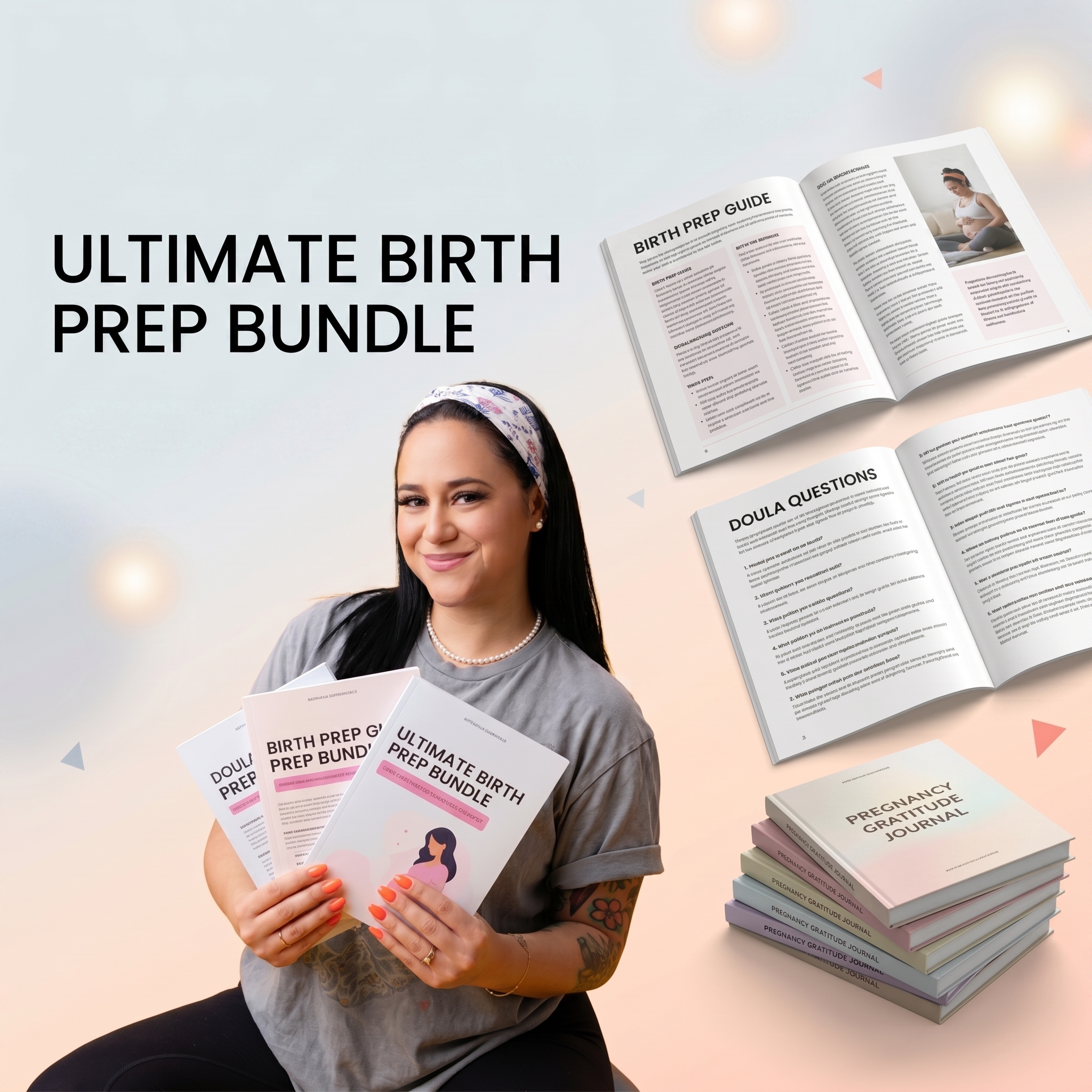Ultimate Birth Prep Bundle from Blooming Bellies, including the Birth Prep Guide, Doula Questions, and Pregnancy Gratitude Journal